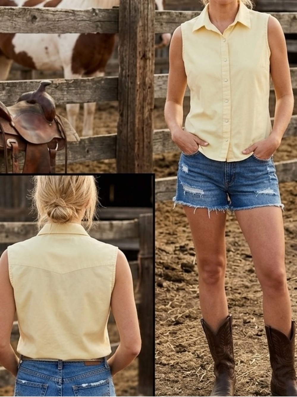 Vintage Panhandle Slim Pale Yellow Cotton Sleeveless Snap Front Shirt